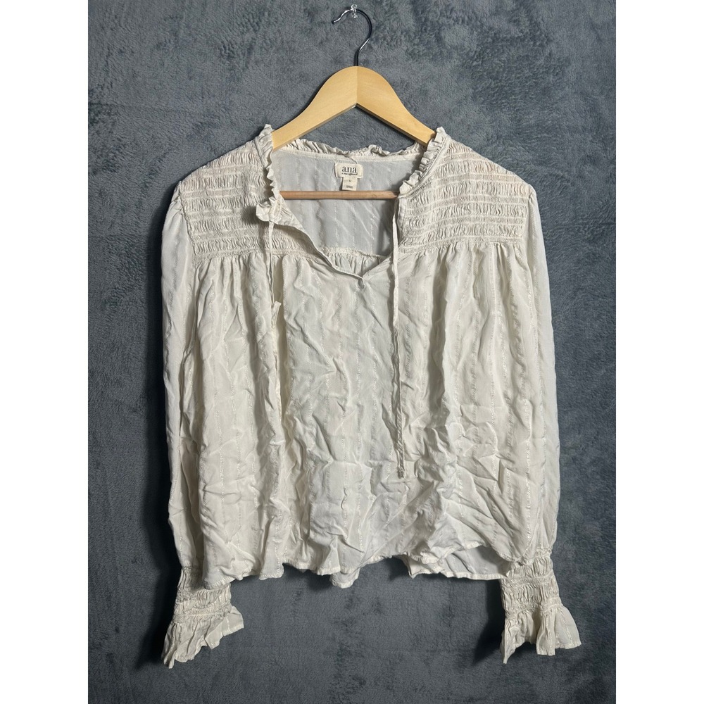 ana a new approach Cream Silver Metallic Pinstripe Smocked Peasant Blouse Large